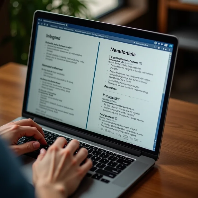 Mãos digitando cardápio bilíngue no laptop