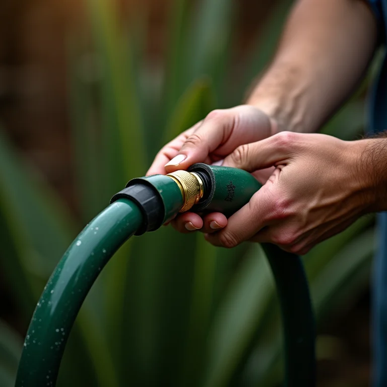 Mãos enrolando uma mangueira de jardim com técnica eficiente.