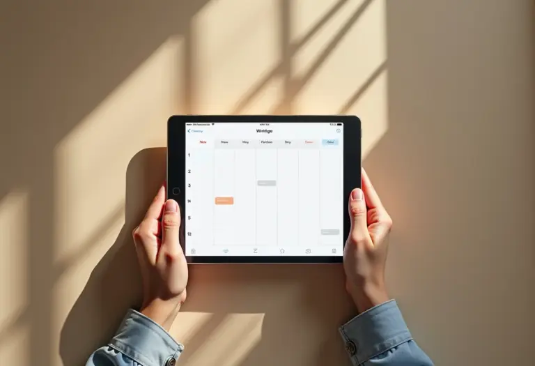 Mãos femininas segurando tablet com app de agenda