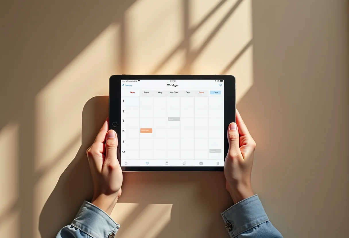 Mãos femininas segurando tablet com app de agenda