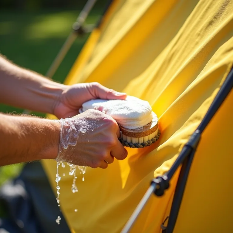 Mãos lavando o tecido de uma barraca com água e sabão
