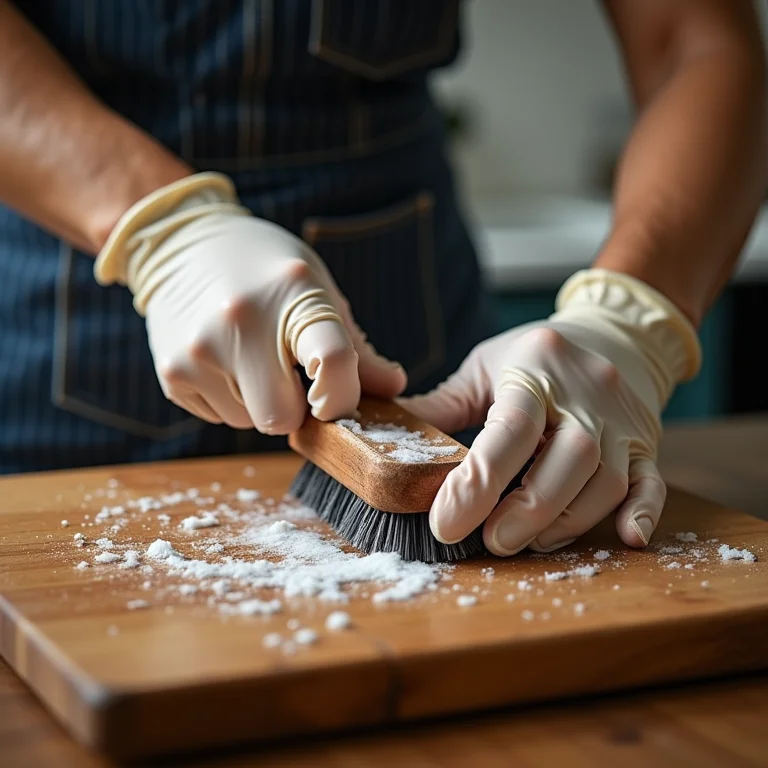 Mãos limpando tábua de corte com escova e água