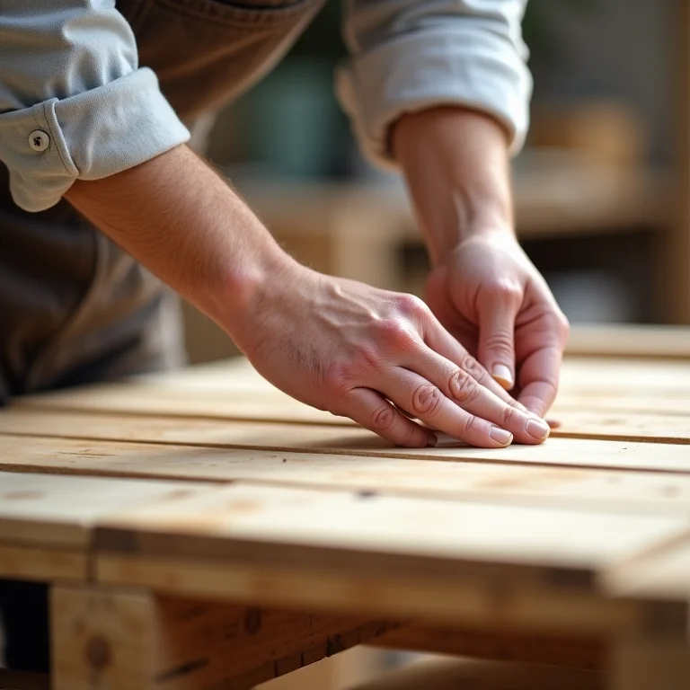 Mãos montando mesa de centro de pallet.