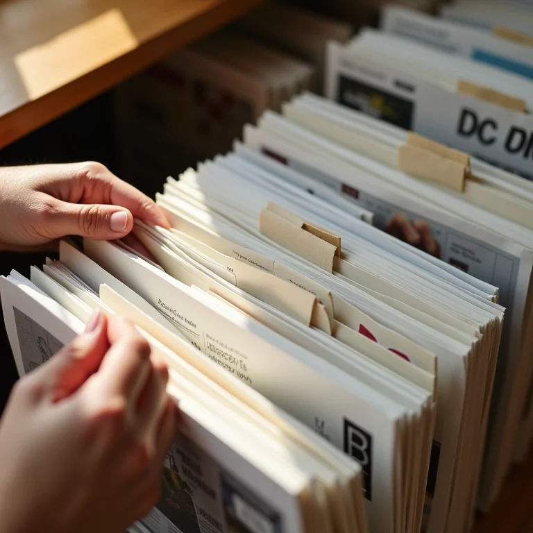 Mãos organizando revistas e jornais com divisórias personalizadas