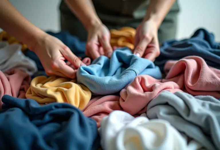 Mãos organizando roupas para venda