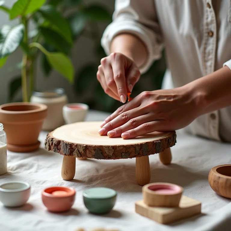 Mãos personalizando um suporte de planta de madeira