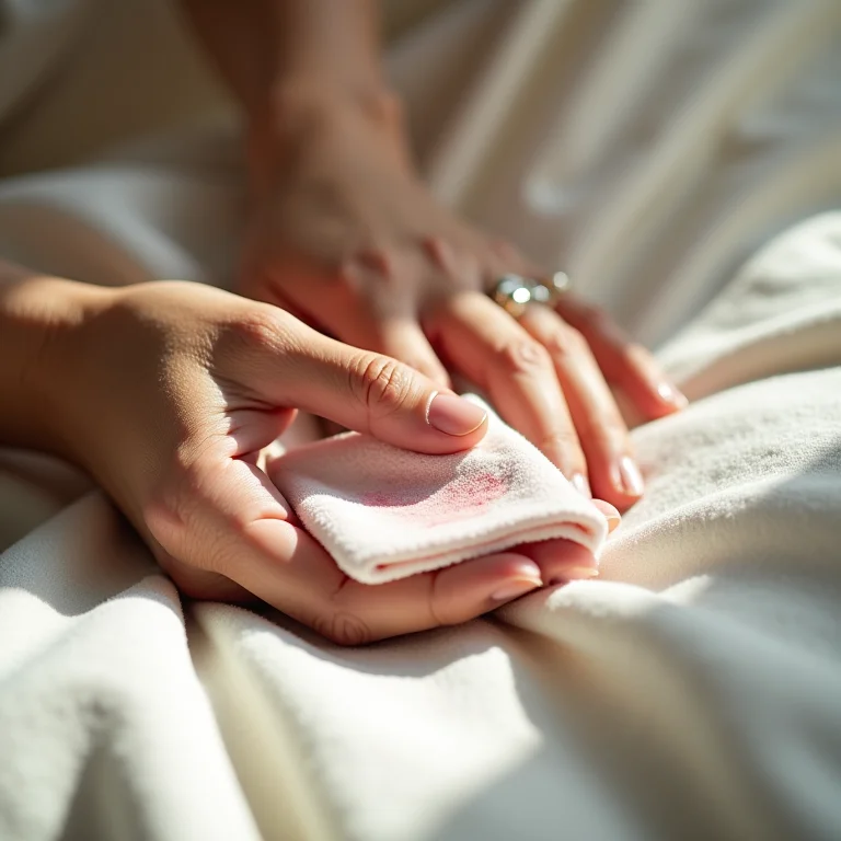 Mãos removendo mancha de tecido delicado.