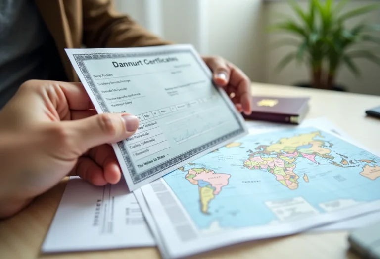 Mãos segurando carteira de vacinação internacional e passaporte.