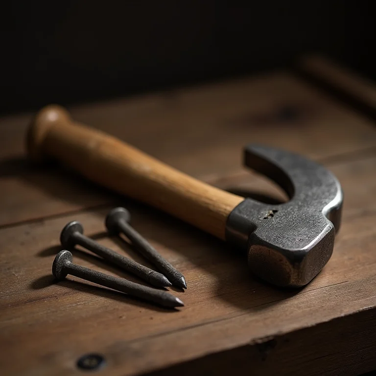 Martelo e pregos em uma superfície de madeira
