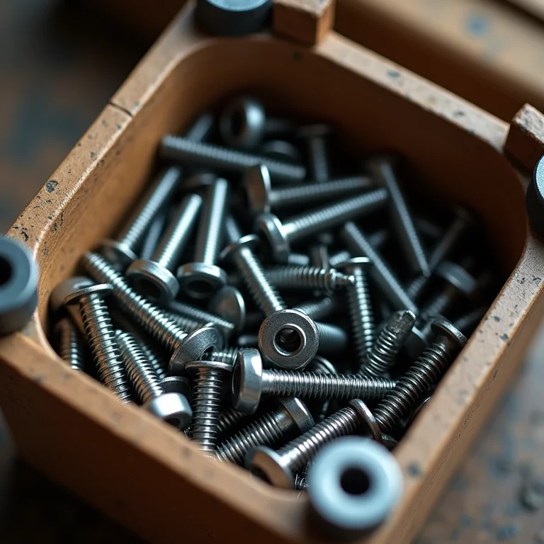 Materiais de fixação diversos em um recipiente