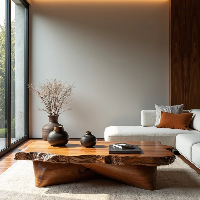 Mesa de centro de madeira com pátina em uma sala de estar moderna.