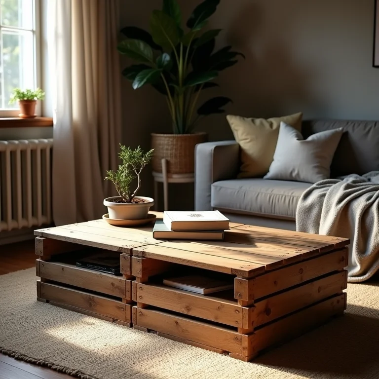 Mesa de centro feita com caixotes de feira em sala aconchegante.
