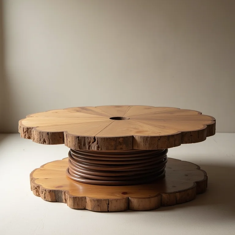 Mesa de centro feita com carretel de fio de madeira