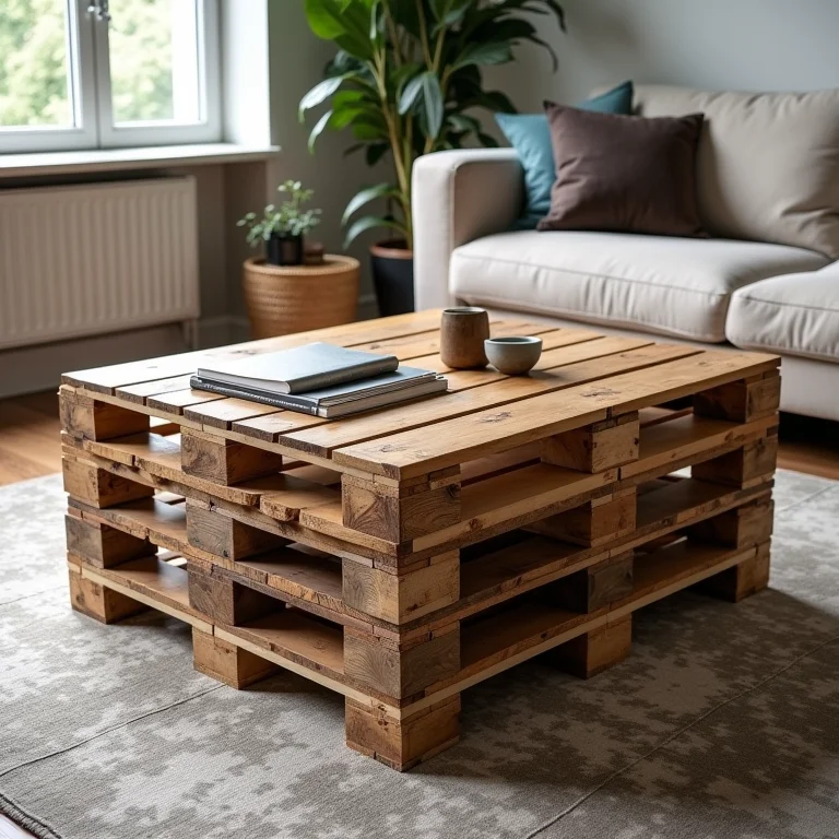 Mesa de centro feita com pallets em sala moderna.