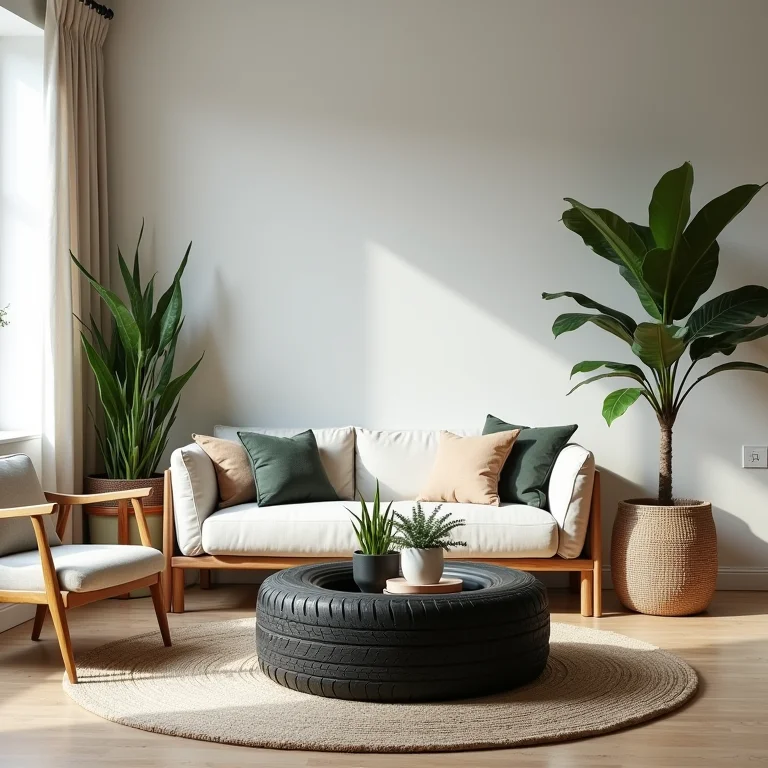 Mesa de centro feita com pneus em decoração sustentável.
