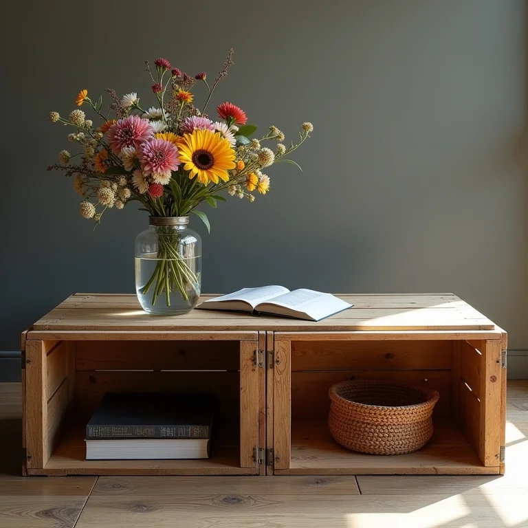 Mesa de centro rústica feita com caixotes de madeira