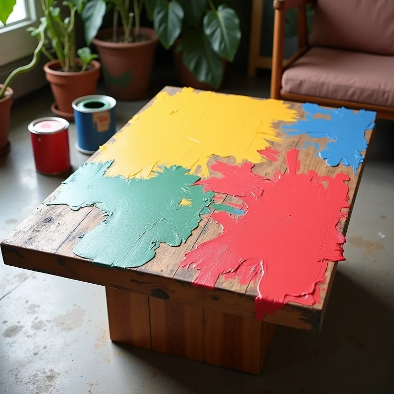 Mesa de centro sendo pintada com cores vibrantes