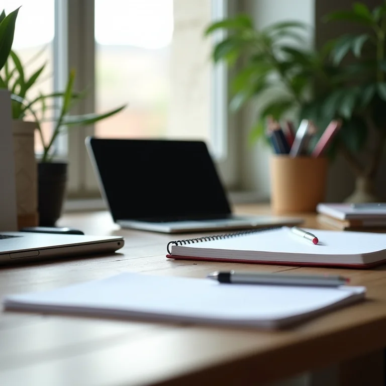 Mesa de escritório com laptop, caderno e materiais de escritório