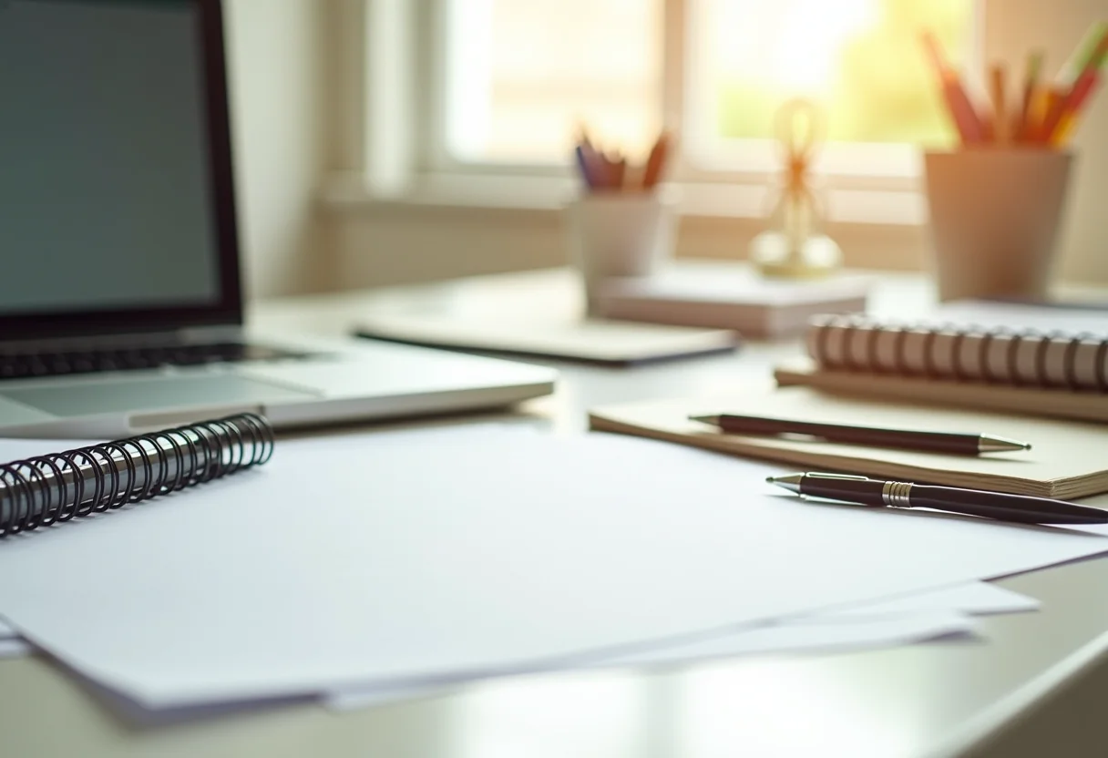 Mesa de escritório organizada com papelaria, transmitindo um ambiente de trabalho eficiente e inspirador.