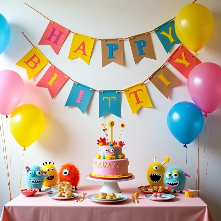 Mesa de festa de aniversário decorada com tema de monstros