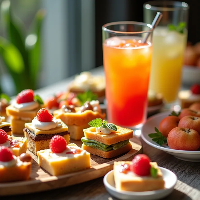 Mesa de festa lindamente organizada com diversos aperitivos coloridos, sobremesas deliciosas e bebidas refrescantes.