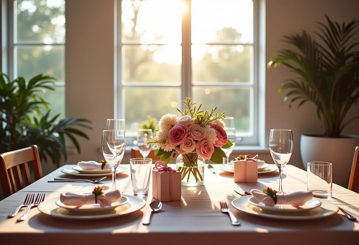 Mesa de jantar decorada para o Dia das Mães com presentes e flores.