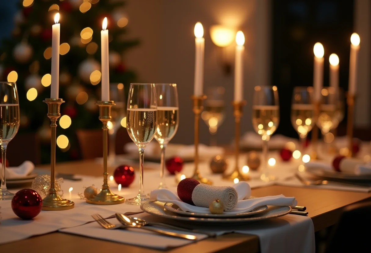 Mesa de jantar elegantemente decorada para a festa de Ano Novo