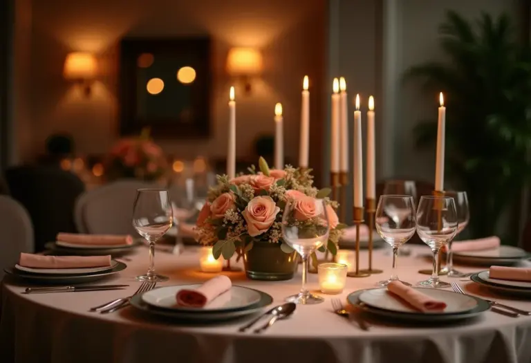 Mesa de jantar lindamente decorada para uma festa, com arranjos florais elegantes e iluminação suave.