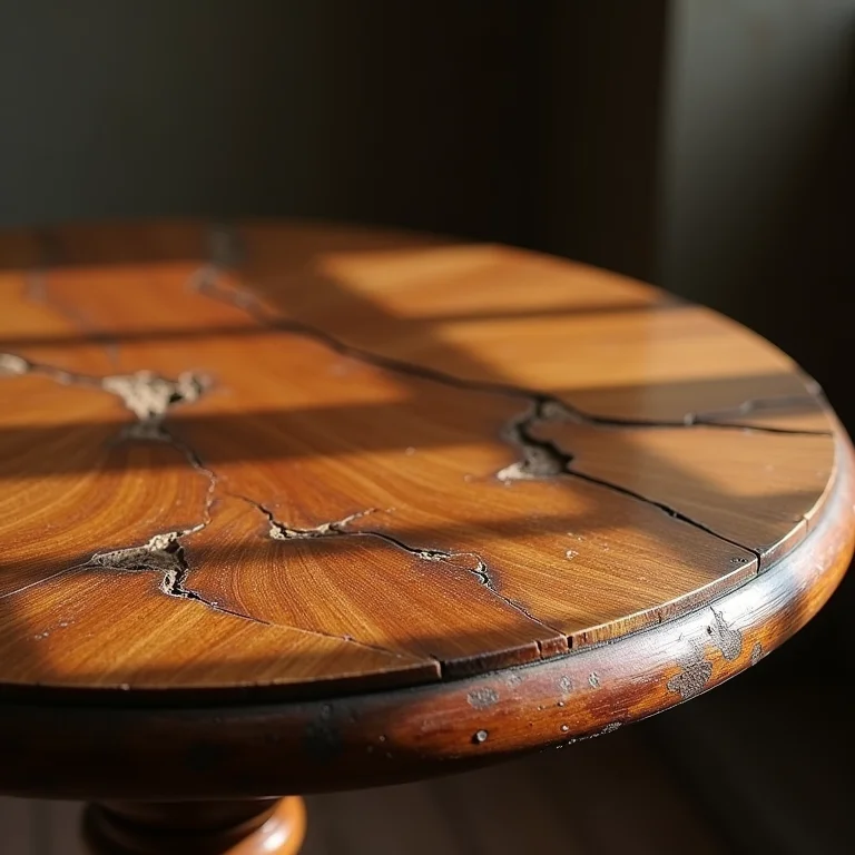 Mesa de madeira antiga com verniz rachado