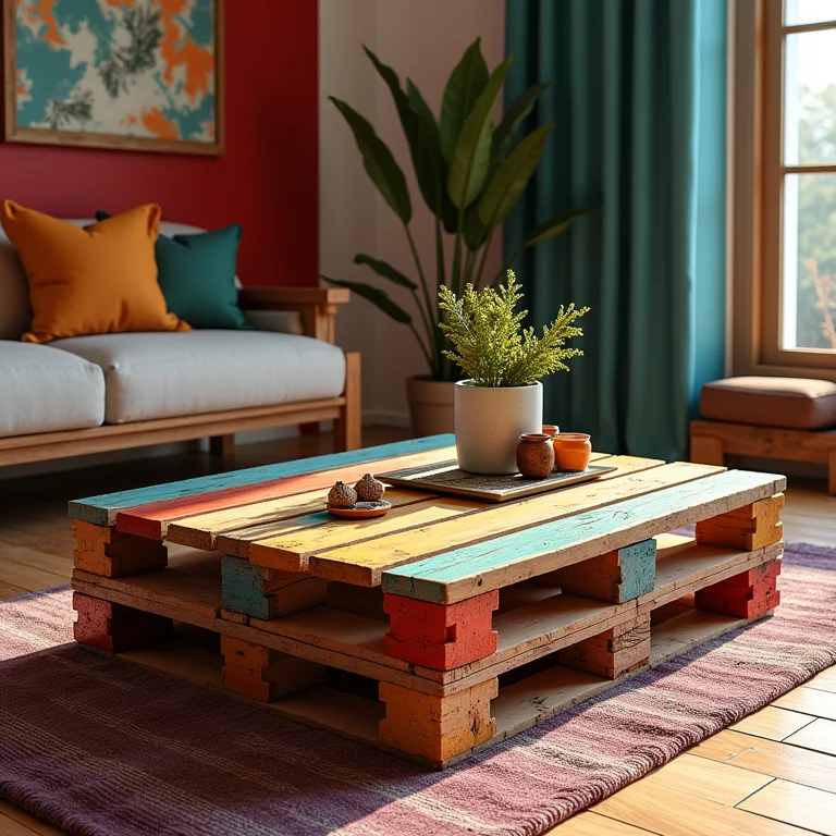 Mesa de pallet personalizada com detalhes coloridos.