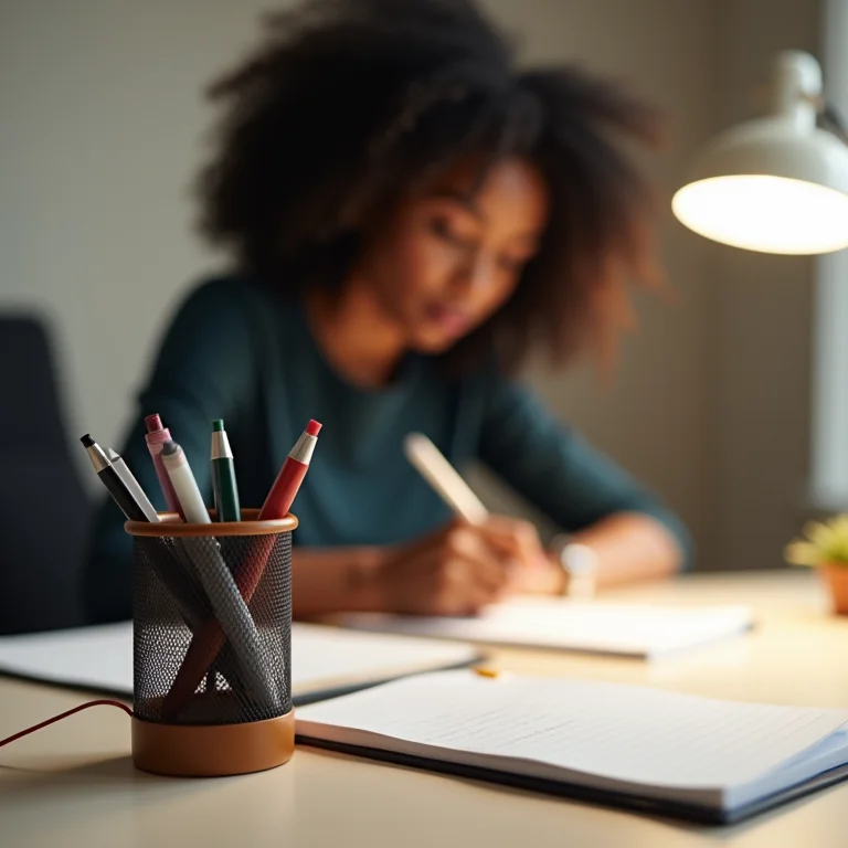 Mesa de trabalho organizada com papelaria e uma mulher negra trabalhando.