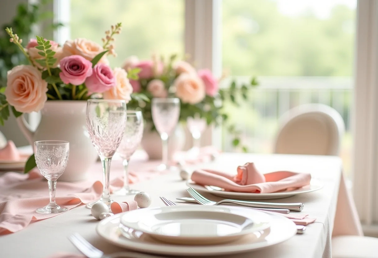 Mesa decorada para chá de panela com tons pastel e arranjos florais