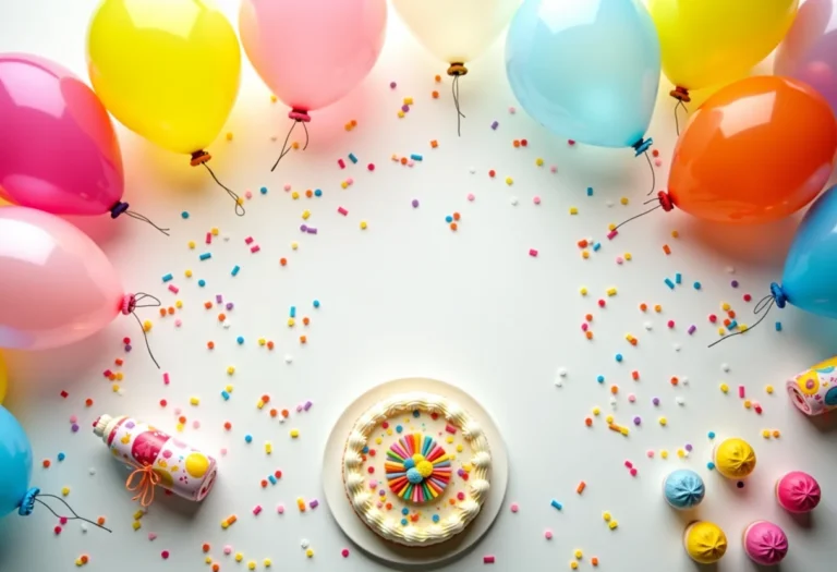 Mesa decorada para festa infantil com balões e bolo.