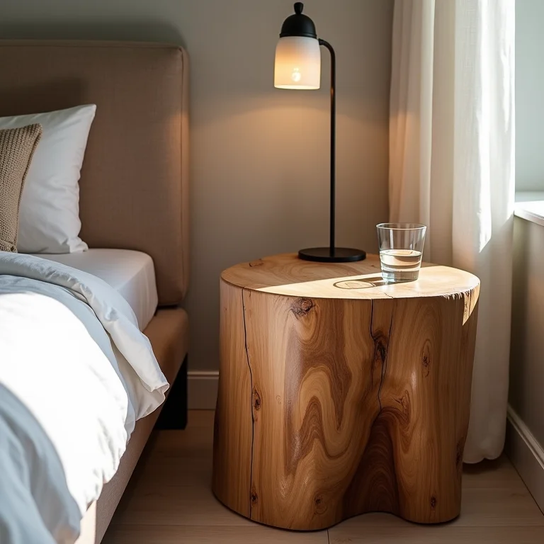 Mesa lateral feita com tronco de árvore natural