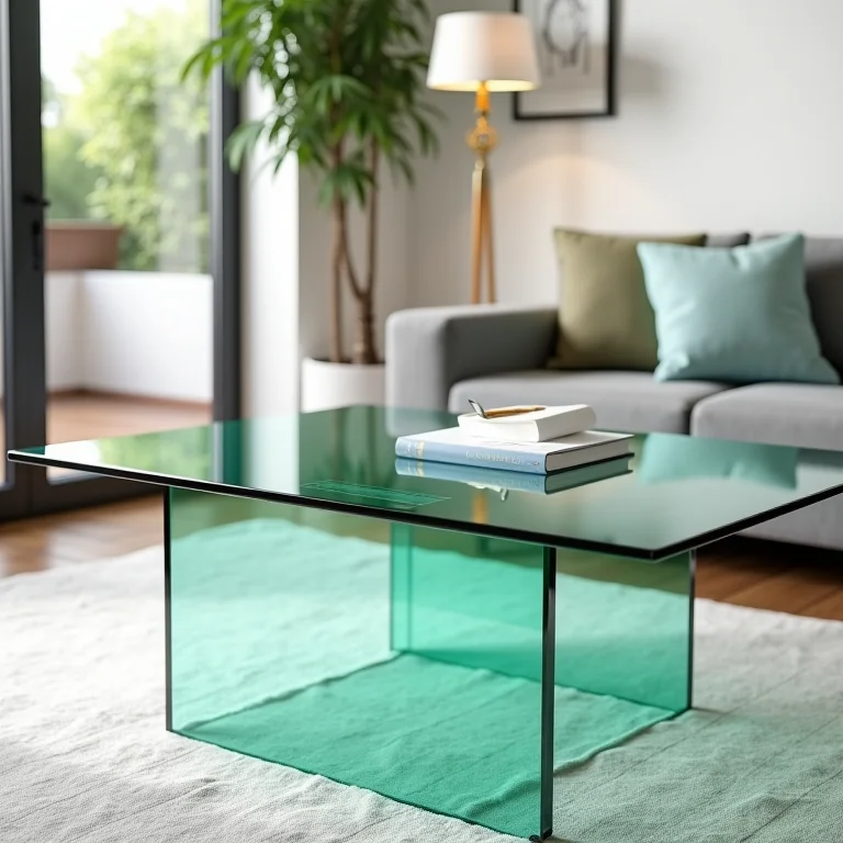 Mesas de vidro em diferentes ambientes: sala, escritório e quarto