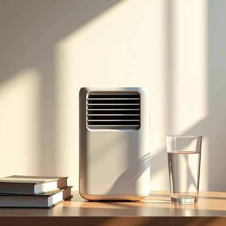 Mini climatizador portátil em mesa de cabeceira.