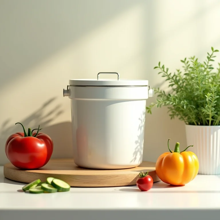 Mini composteira de cozinha ao lado de restos de vegetais