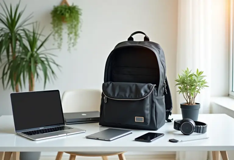 Mochila organizada com eletrônicos em ambiente minimalista