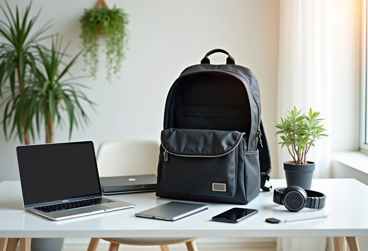 Mochila organizada com eletrônicos em ambiente minimalista
