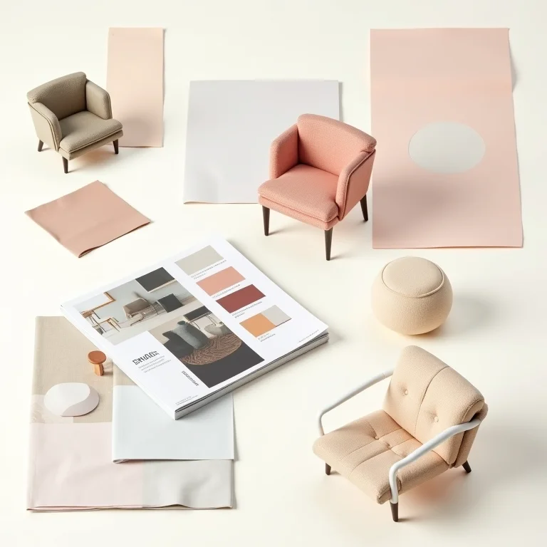 Moodboard com amostras de tecido e miniaturas de cadeiras.