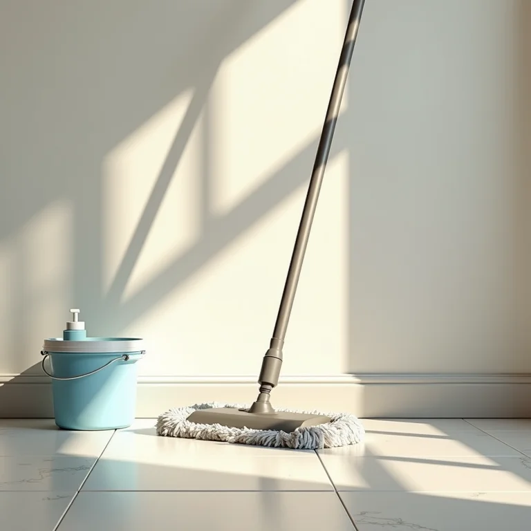Mop limpando um piso de cerâmica, com um balde de solução de limpeza ao lado