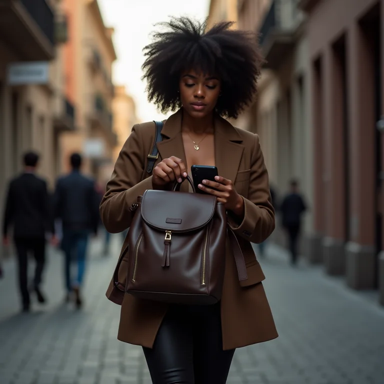 Mulher acessando rapidamente o celular na mochila