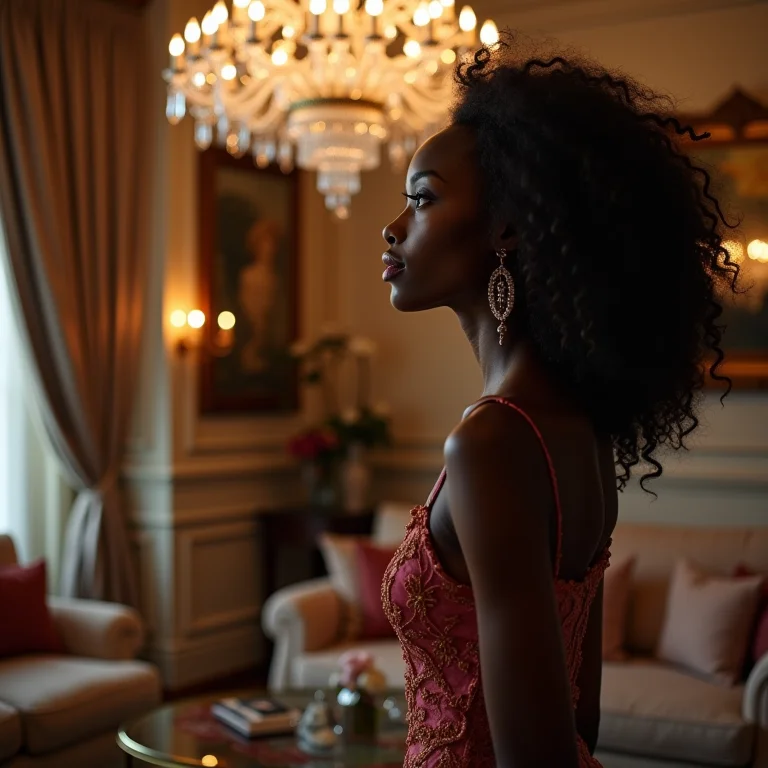 Mulher admirando lustre de cristal na sala.