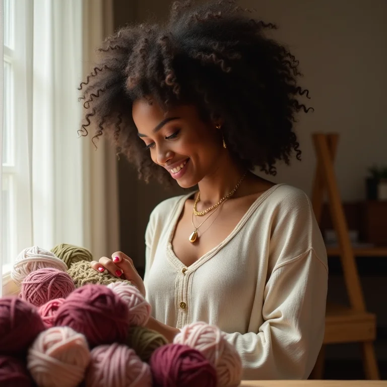 Mulher admirando sua coleção de lãs organizada