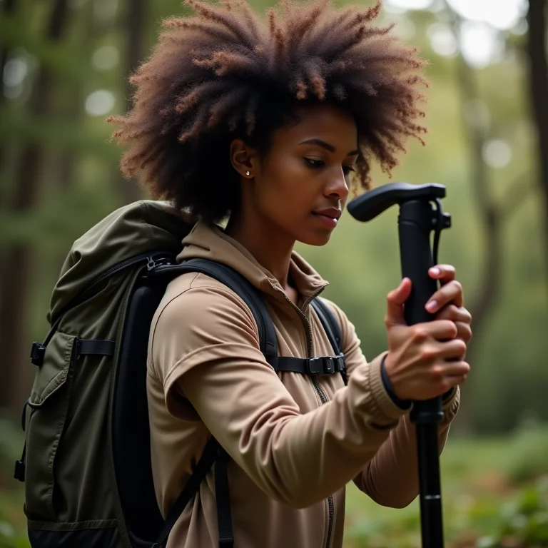 Mulher ajustando a alça e a empunhadura de um bastão de caminhada retrátil