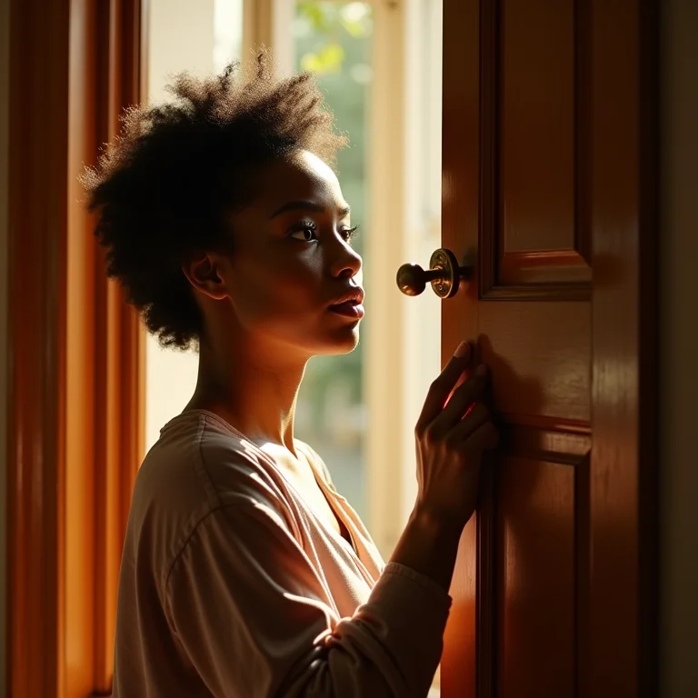 Mulher analisando porta de madeira para revitalização.