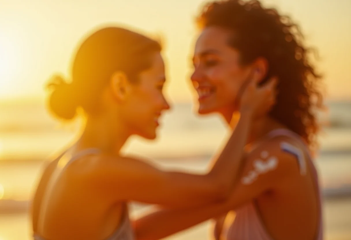 Mulher aplicando protetor solar em spray na praia
