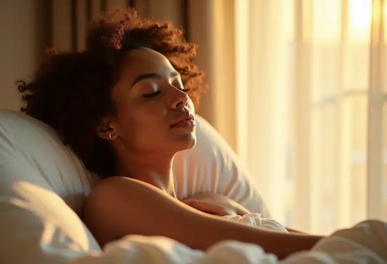 Mulher aproveitando a manhã ensolarada em quarto de hotel luxuoso