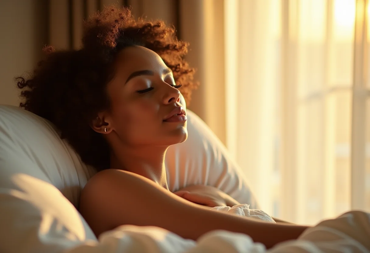 Mulher aproveitando a manhã ensolarada em quarto de hotel luxuoso