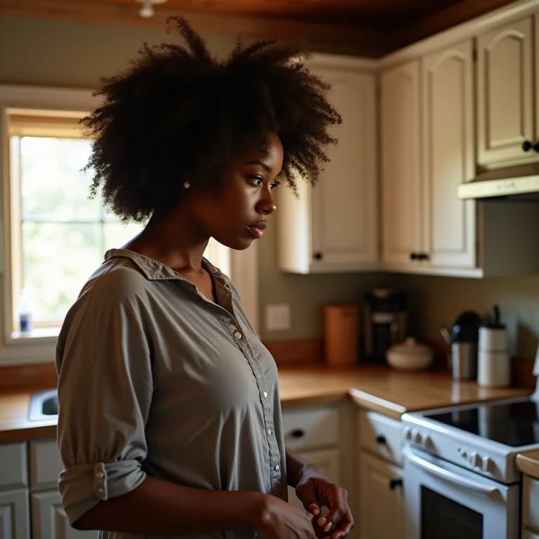 Mulher avaliando a organização dos armários da cozinha
